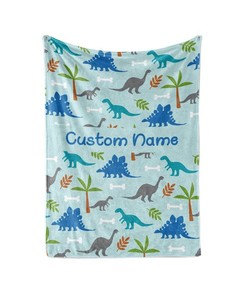 Light Blue Dinosaur - Personalized Custom Blanket With Your Child's Name Sherpa Fleece Blanket Gifts for Family, for Couple