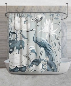Light Blue Toile Pattern Shower Curtains, Lotus Flowers And Birds Shower Curtain, Crane Birds Decor, Dusty Blue Bathroom, Nature Lover Gift