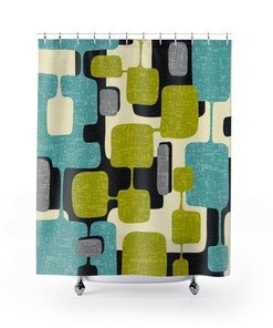 Lime And Teal Green Abstract Mid Century Modern Shower Curtain In Durable Polyester for 5 or 6 Retro Atomic Age Bathroom Decor