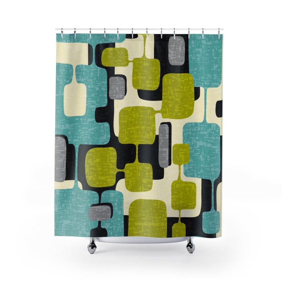 Lime And Teal Green Abstract Mid Century Modern Shower Curtain In Durable Polyester for 5 or 6 Retro Atomic Age Bathroom Decor