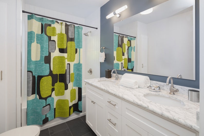 Lime And Teal Green Abstract Mid Century Modern Shower Curtain In Durable Polyester for 5 or 6 Retro Atomic Age Bathroom Decor - Image 3