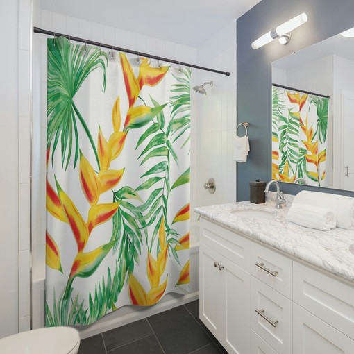 Lobster Claws Tropical Shower Curtain, Exotic Jungle, Tropical Botanical, Nature Lover, Elegant Fancy Curtain