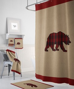 Lumberjack Plaid Bear Shower Curtain, Woodland Lodge Home Decor