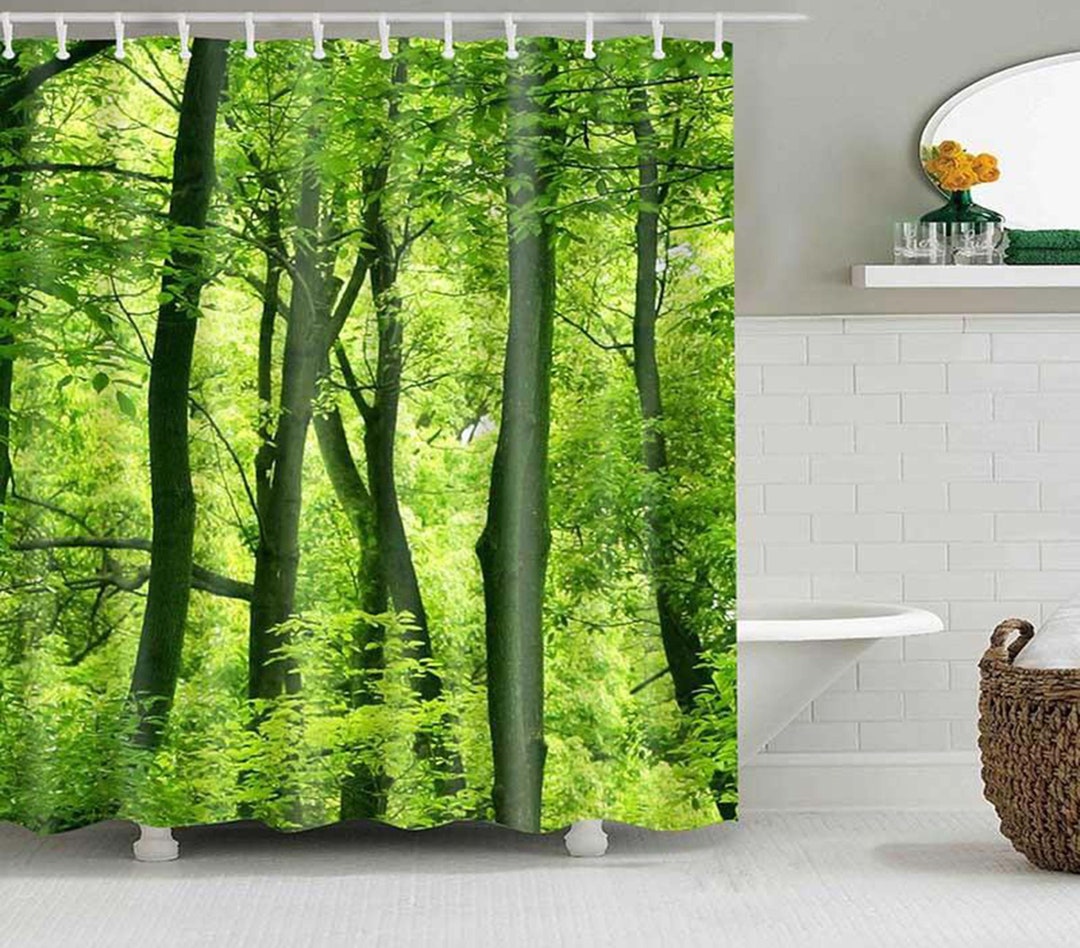 Lust Green Forest Shower Curtain, Outdoor Landscape Rain Forest Trees, Linen Bathroom Curtain, Home Bath Decor