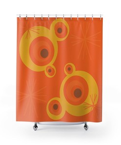 MCM Geometric, Mid Century Modern Shower Curtain, Mustard Yellow, Orange, Groovy Peacock Eye, Starburst Retro Home Decor