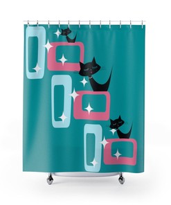 MCM Mod Cat, Black Cat Pillow, Pink, Aqua Blue, Turquoise, Retro Starburst, Geometric, Mid Century Modern Atomic Cat Shower Curtain