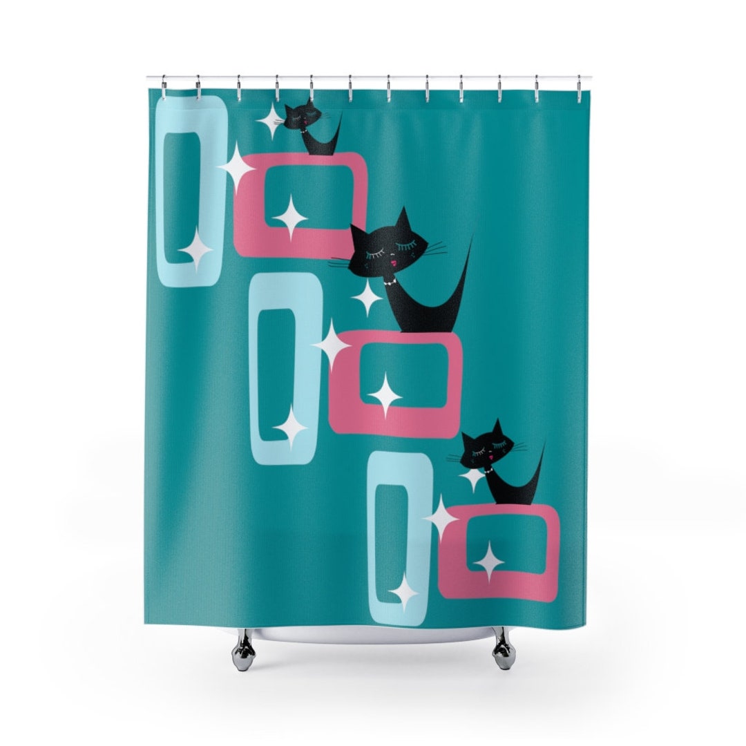 MCM Mod Cat, Black Cat Pillow, Pink, Aqua Blue, Turquoise, Retro Starburst, Geometric, Mid Century Modern Atomic Cat Shower Curtain