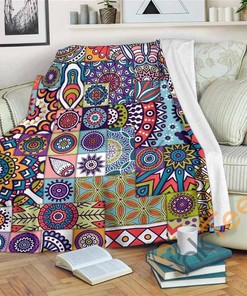 Mandala Tile Bohemian Pattern Sherpa Fleece Blanket Gifts for Family, for Couple