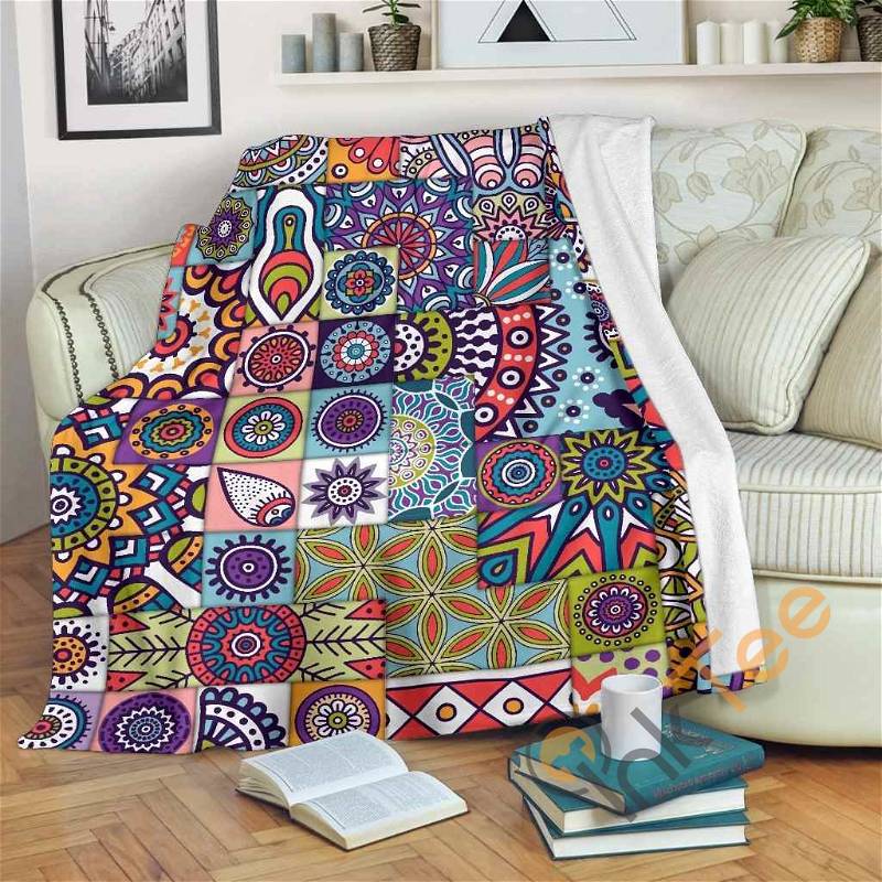 Mandala Tile Bohemian Pattern Sherpa Fleece Blanket Gifts for Family, for Couple