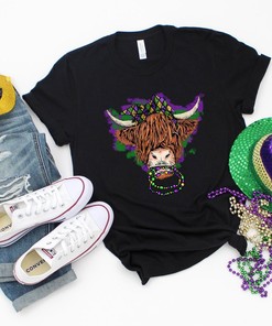 Mardi Gras Highland Cow Shirt, Fat Tuesday Sweatshirt, Fleur De Lis Shirt, New Orleans Shirt, Mardi Gras Bead Cow Shirt