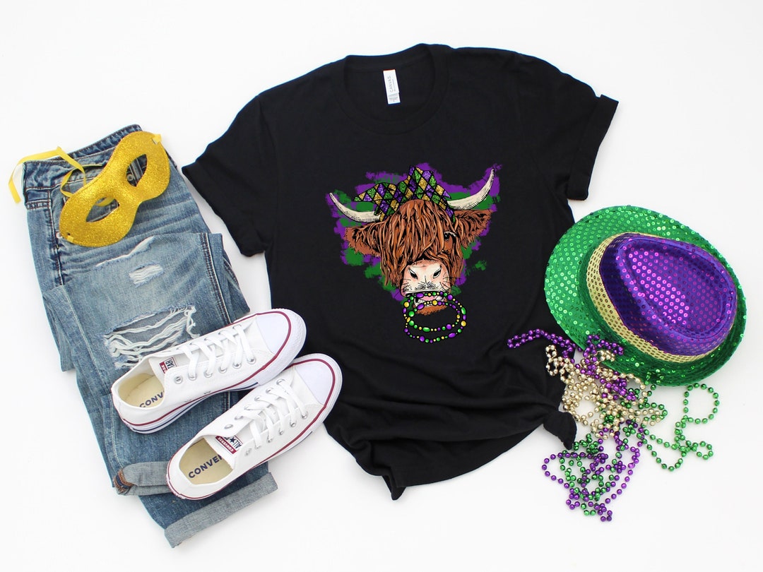 Mardi Gras Highland Cow Shirt, Fat Tuesday Sweatshirt, Fleur De Lis Shirt, New Orleans Shirt, Mardi Gras Bead Cow Shirt