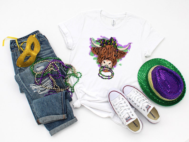 Mardi Gras Highland Cow Shirt, Fat Tuesday Sweatshirt, Fleur De Lis Shirt, New Orleans Shirt, Mardi Gras Bead Cow Shirt - Image 2
