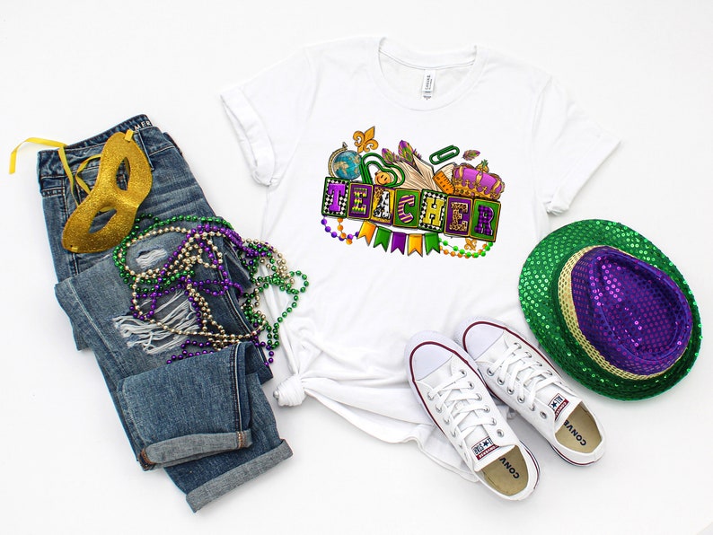 Mardi Gras Teacher Shirt, Nola Shirt, Fat Tuesday Shirt, Flower de luce tee, Saints New Orleans Shirt - Image 2