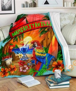 Margaritaville Baby Blue Parrot Sunset Beach Sherpa Fleece Blanket Gifts for Family, for Couple