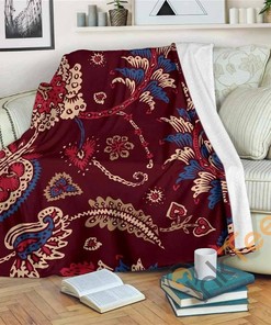 Maroon Vintage Bohemian Floral Sherpa Fleece Blanket Gifts for Family, for Couple
