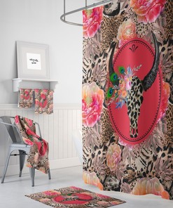 Maximalist Boho Shower Curtain Leopard Floral Bull Skull For Bathroom Decor