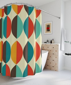 Mcm Geometric Mid Century Modern Ovals, Beige, Teal, Burnt Orange Retro Mid Mod Shower Curtain