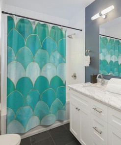 Mermaid Fish Scale Teal and White Shower Curtain, Ocean Theme Shower Curtain, Beach House Bathroom, Modern Coastal Bathroom Shower Curtain
