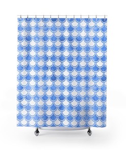 Mermaid Scales Shower Curtain, Blue And White Bath Curtain, Fish Scales Bath Decor, Boho Bathroom