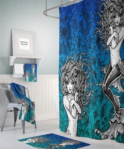 Mermaid Shower Curtain, Bath Mat, Towels, Bathroom Set, Ombre Aqua