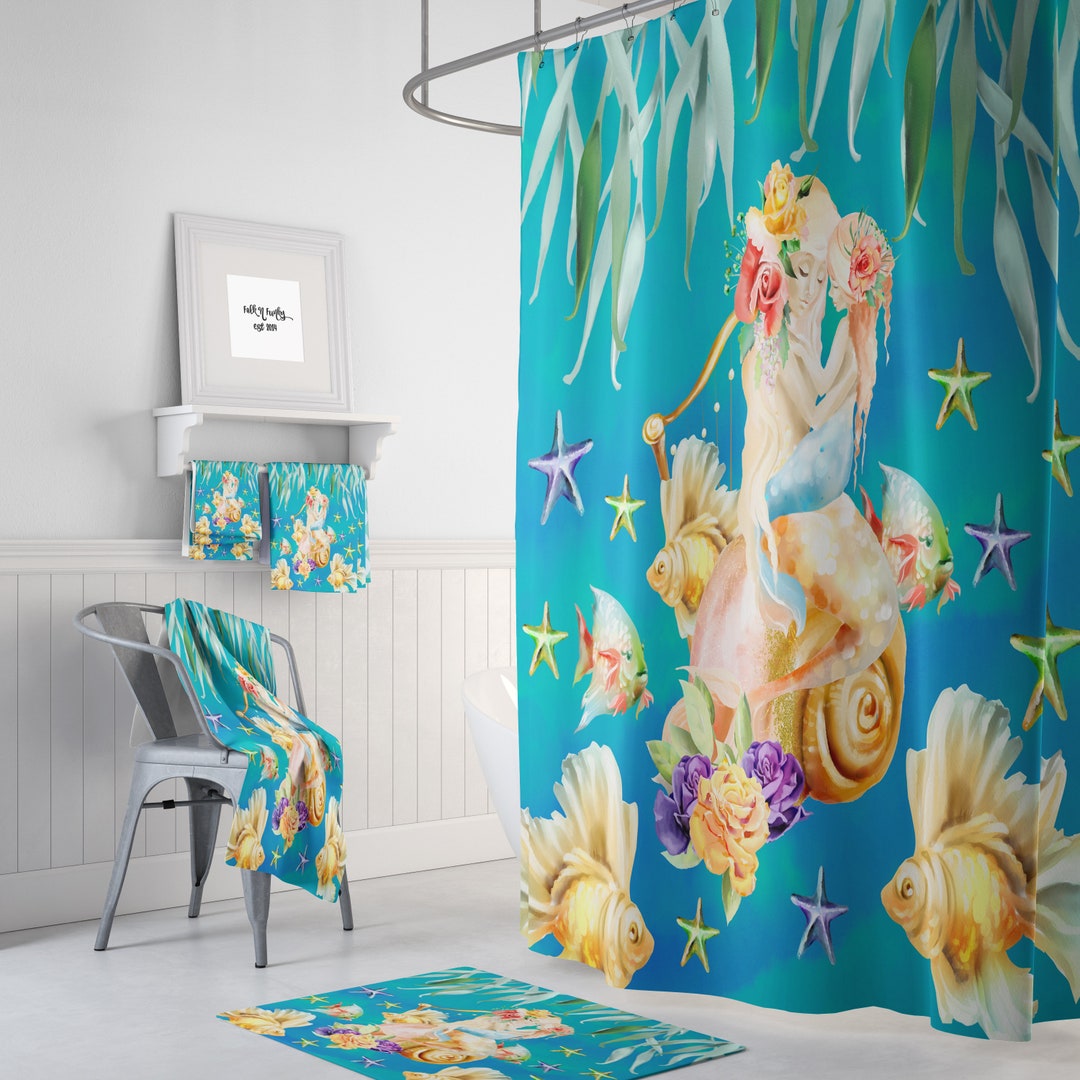 Mermaid Shower Curtain, Bath Towels, Bath Mat