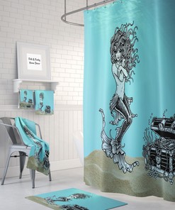 Mermaid Shower Curtain Optional Bath Bathroom, Treasure Chest, Under Water, Beach Theme