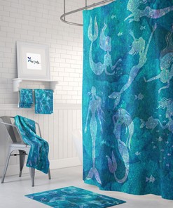 Mermaid Shower Curtain Optional Bath Mat Bathroom Under Water, Beach Theme