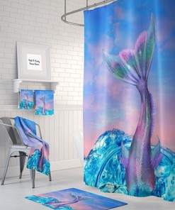 Mermaid Tail Shower Curtain Bath Mat, Towels, Pastel Ocean Sky