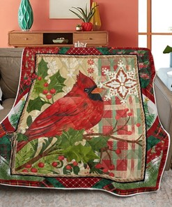 Merry Christmas Cardinal Fan Gift, Christmas Cardinal Quilt Blanket Bedding Set