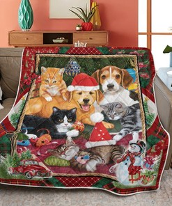 Merry Christmas Quilt Blanket Bedding Set, Christmas Gift, Christmas Meeting Cats And Dogs Quilt Blanket Bedding Set
