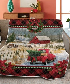 Merry Christmas Quilt Blanket Bedding Set, Christmas Gift, Christmas Red Truck Farm Quilt Blanket Bedding Set