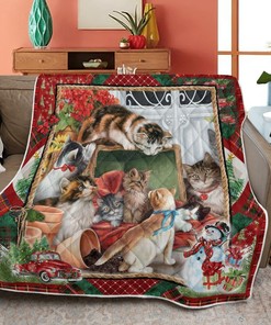 Merry Christmas Quilt Blanket Bedding Set, Christmas Gift, Garden Cats Quilt Blanket Bedding Set