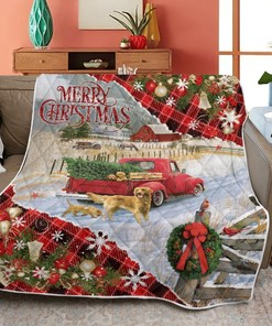 Merry Christmas Quilt Blanket Bedding Set, Christmas Gift, Merry Christmas Red Truck Quilt Blanket Bedding Set