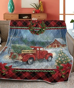 Merry Christmas Quilt Blanket Bedding Set, Christmas Gift, Red Truck Christmas Tree In Night Quilt Blanket Bedding Set