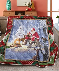 Merry Christmas Quilt Blanket Bedding Set, Christmas Gift, Santa Claus In Forest Quilt Blanket Bedding Set