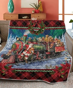 Merry Christmas Quilt Blanket Bedding Set, Christmas Gift, Santa Riding Train With Toy Bears Quilt Blanket Bedding Set
