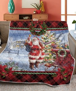Merry Christmas Quilt Blanket Bedding Set, Christmas Gift, Santa Ringing Bell With Sleigh Quilt Blanket Bedding Set