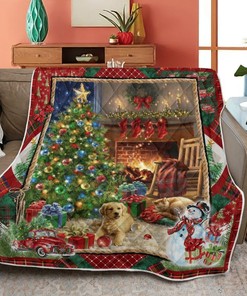 Merry Christmas Quilt Blanket Bedding Set, Christmas Morning Dog And Cat Quilt Blanket Bedding Set