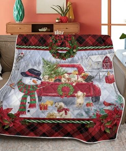 Merry Christmas Quilt Blanket, Christmas Gift, Christmas Red Truck With Puppies Quilt Blanket