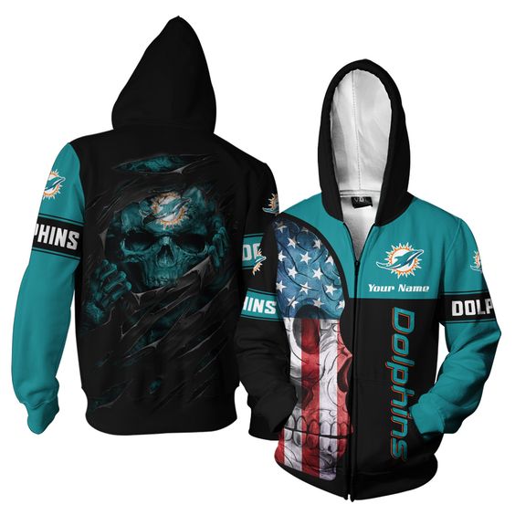 Miami Dolphins Zip Hoodie Skull Custom 3D - Image 2