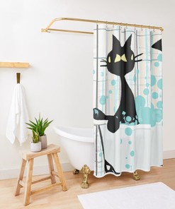 Mid Century Atomic Cat, Kitschy, Watercolor, Cartoon Effect, Retro White, Aqua Blue, Abstract Shower Curtain