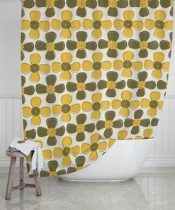 Mid Century Floral Shower Curtain, Avocado Green Mid Century Modern Yellow, Retro Shower Curtain