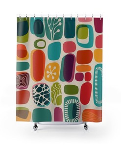 Mid Century Modern, Abstract, Geometric, Purple, Emerald Green, Orange, Teal, Retro Bold Mcm Home Decor Shower Curtains
