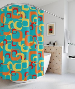 Mid Century Modern, Aqua Blue, Orange, Yellow, Red, Geometric, Retro, Mcm Shower Curtains