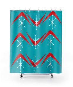 Mid Century Modern Aqua Blue, Red, Boomerang, Starburst, Retro Shower Curtain