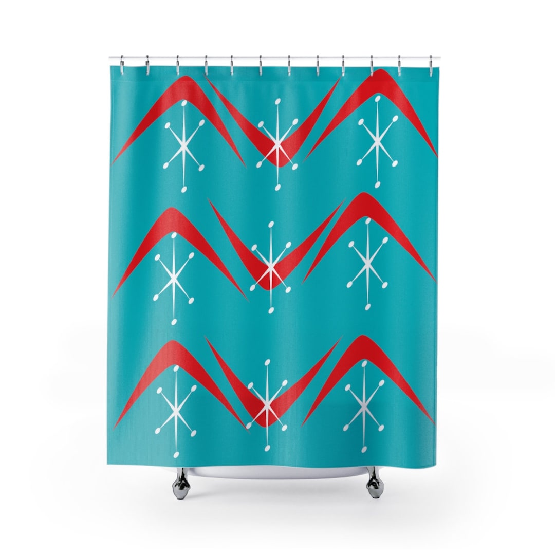 Mid Century Modern Aqua Blue, Red, Boomerang, Starburst, Retro Shower Curtain