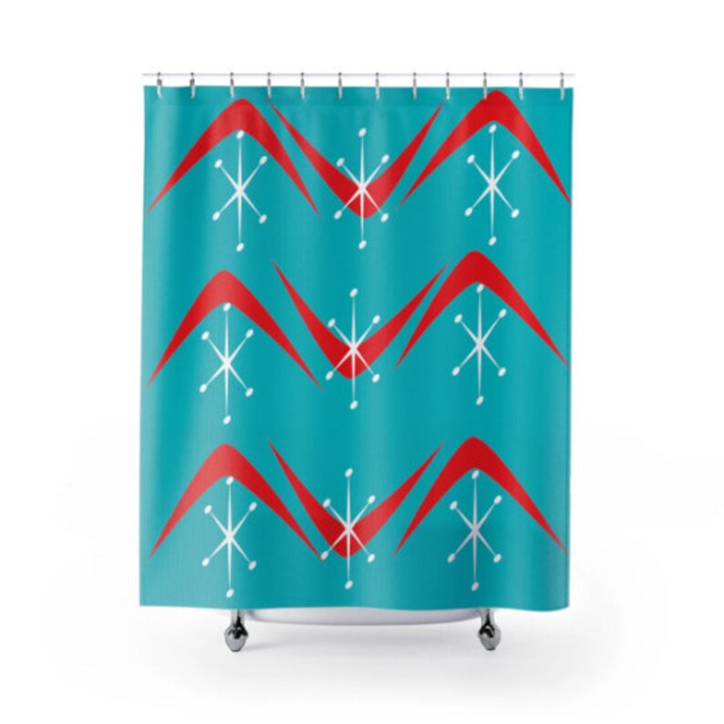 Mid Century Modern Aqua Blue, Red, Boomerang, Starburst, Retro Shower Curtain - Image 2