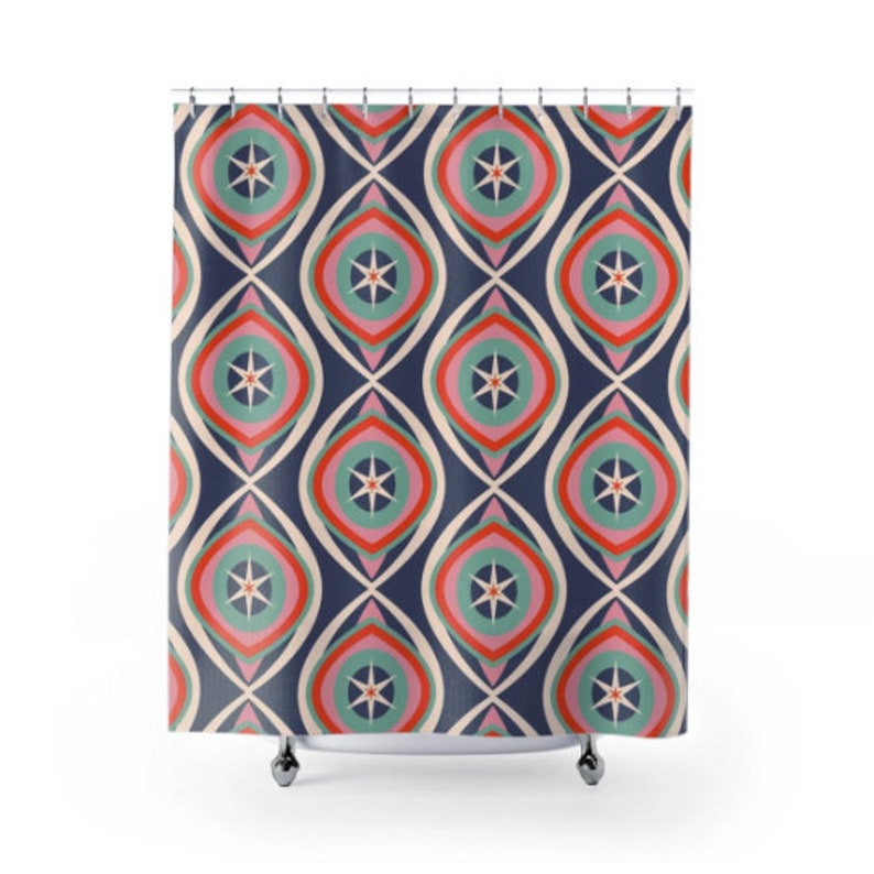 Mid Century Modern, Aqua, Pink, Blue, White, Atomic Home Living Retro Shower Curtain - Image 2