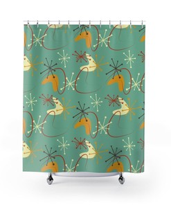 Mid Century Modern Atomic Boomerang Blue Grass Retro Mcm Home Decor Shower Curtain
