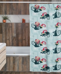 Mid Century Modern Atomic Kitty Christmas Shower Curtain, Christmas Gift For Home